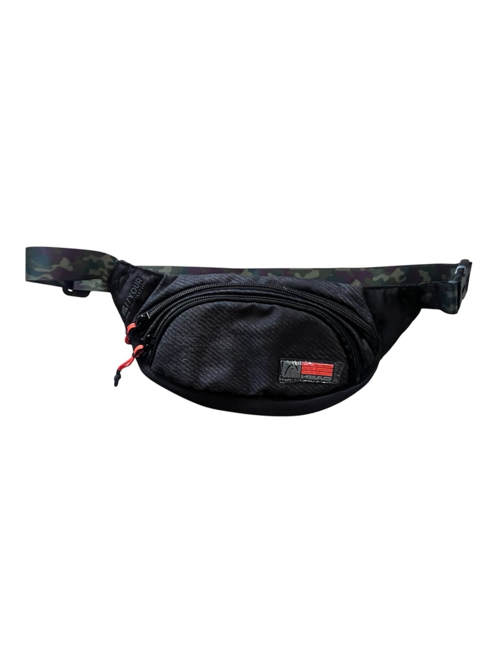 Head Black Belt Bag with Camouflage Strap and Red Accents